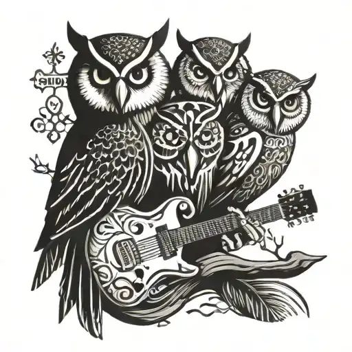 three owls heads, mexican indian symbols, andean indian symbols, electric guitar, cuban symbols,  tattoo design idea