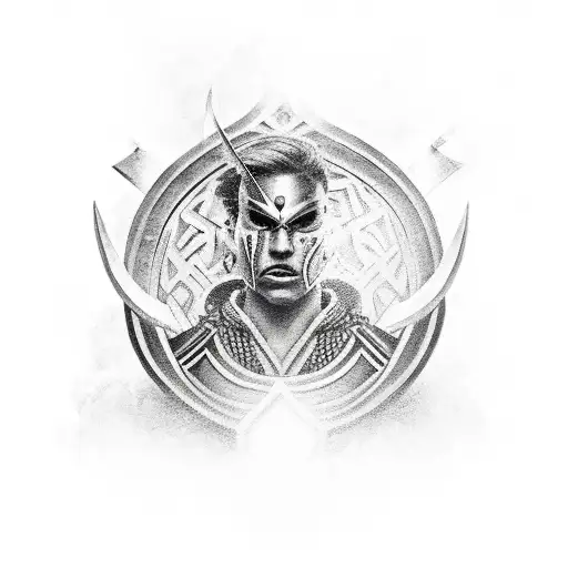 warrior with big shield on battlefield  tattoo design idea