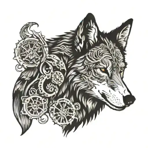 An intricate tattoo design of a wolf surrounded by iconic symbols of brain tattoo design idea