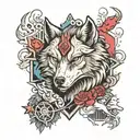 An intricate tattoo design of a wolf surrounded by iconic symbols from League of Legends and final fantasy 7 tattoo design idea