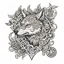 An intricate tattoo design of a wolf surrounded by iconic symbols from League of Legends and final fantasy 7 tattoo design idea