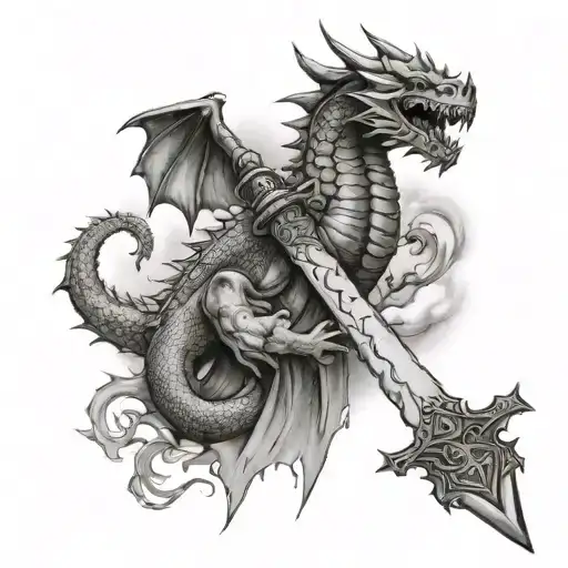 Berserker Sword with a cloth wrapped around it that says the words "Slay all the Dragons that Stand in your Way" tattoo design idea