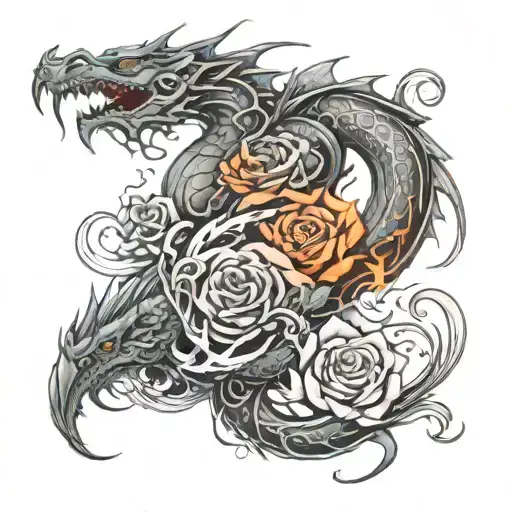 Design something which covers Dragon, fire, rose and a women in it tattoo design idea