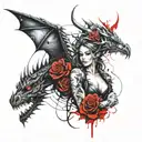 Design a tattoo on a women surrounded with a dragon which also has a symbol of fire and rose  tattoo design idea