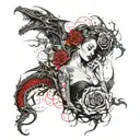 Design a tattoo on a women surrounded with a dragon which also has a symbol of fire and rose  tattoo design idea