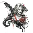 Design a tattoo on a women surrounded with a dragon which also has a symbol of fire and rose  tattoo design idea