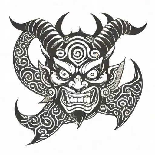 Oni Face with rinnegan eyes like fire tattoo design idea