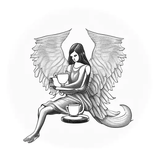 angel sitting over an old big tail piano and in one hand of the angel holding a cup of coffee, the other hand a guitar   tattoo design idea
