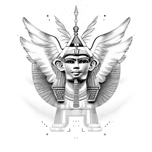 half Egyptian and half Aztec winged sphinx in front of pyramids tattoo design idea