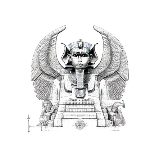 left-half Egyptian sphinx with wings and right-half Aztec winged sphinx in front of Aztec and Egyptian pyramids tattoo design idea