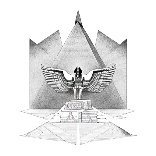 half Egyptian and half Aztec winged sphinx in front of pyramids tattoo design idea