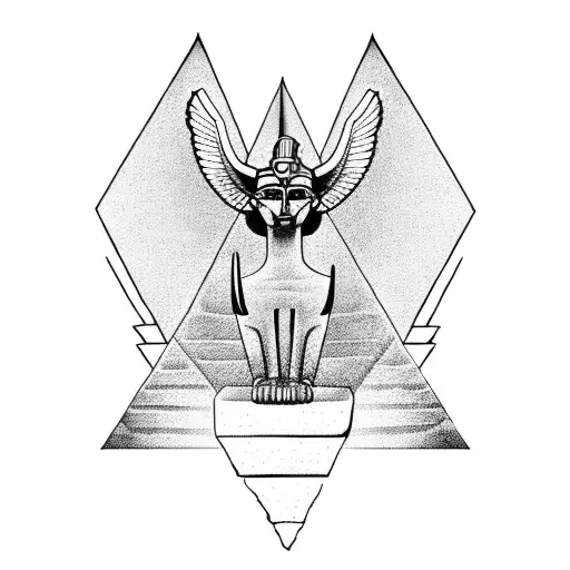1/2 Egyptian Aztec winged sphinx in front of pyramids tattoo design idea