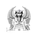 left-half Egyptian sphinx with wings and right-half Aztec winged sphinx in front of Aztec and Egyptian pyramids tattoo design idea