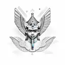 left-half Egyptian sphinx with wings and right-half Aztec winged sphinx in front of Aztec and Egyptian pyramids tattoo design idea