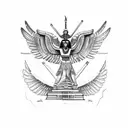 left-half Egyptian sphinx with wings and right-half Aztec winged sphinx in front of Aztec and Egyptian pyramids tattoo design idea