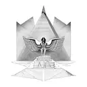 half Egyptian and half Aztec winged sphinx in front of pyramids tattoo design idea