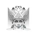 half Egyptian and half Aztec winged sphinx in front of pyramids tattoo design idea