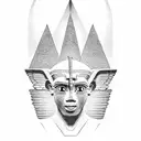 half Egyptian and half Aztec winged sphinx in front of pyramids tattoo design idea