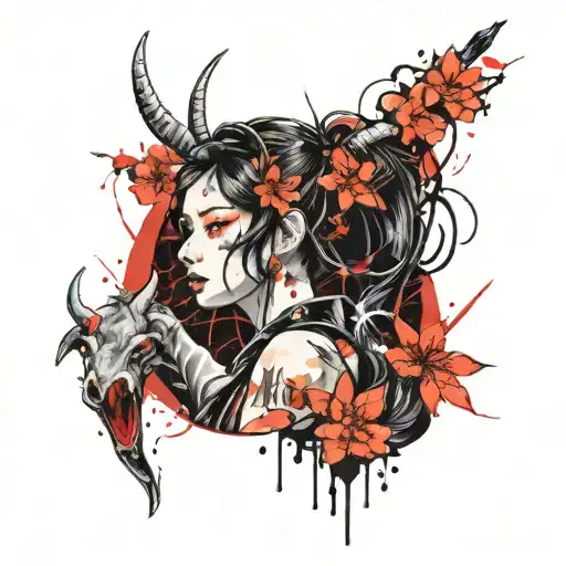 Girl in the style of Japanese culture, with elements of sakura and Capricorn tattoo design idea