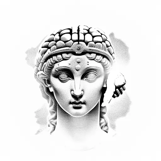 A Greek statue of a goddess holding a brain in her hands, with intricate neuron patterns carved into the marble tattoo design idea