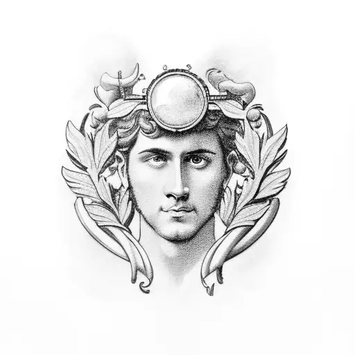 Apollo whole body with lyre, laurel wreath and radient aura tattoo design idea