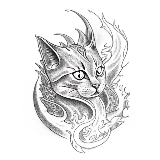 cat dragon in fire tattoo design idea