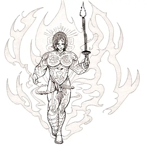 A dotwork tattoo of Atlas holding a flaming torch, representing enlightenment and inspiration tattoo design idea