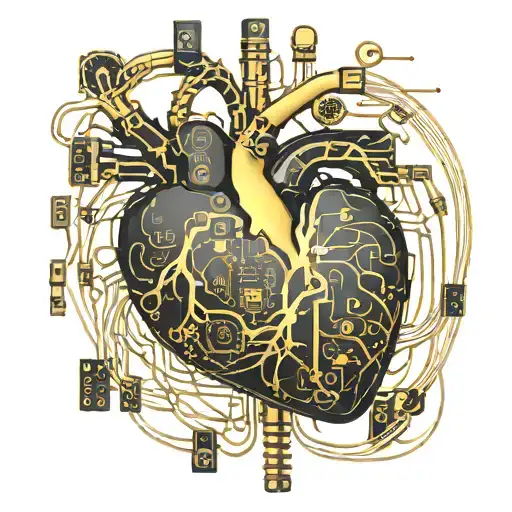 black and gold realistic heart shaped circuit board with gold wires as blood veins  tattoo design idea