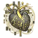 black and gold realistic heart shaped circuit board with gold wires as blood veins  tattoo design idea