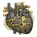 black and gold realistic heart shaped circuit board with gold wires as blood veins  tattoo design idea