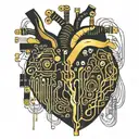 black and gold realistic heart shaped circuit board with gold wires as blood veins  tattoo design idea