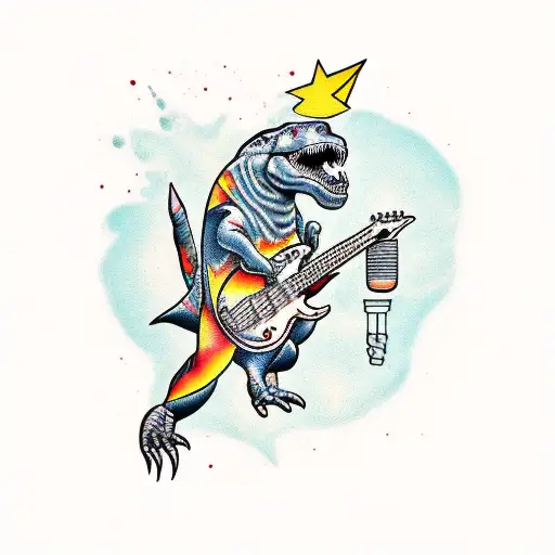 T rex playing an electric guitar tattoo design idea