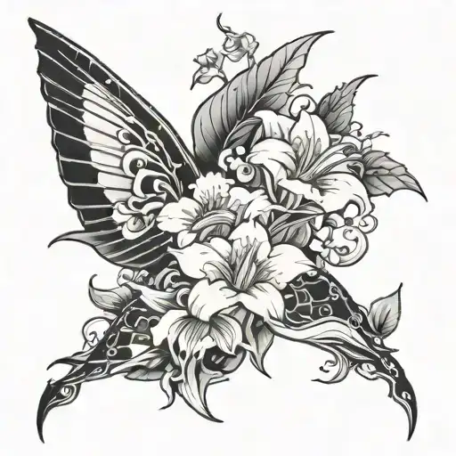 flowers, mantaray black and white tattoo design idea