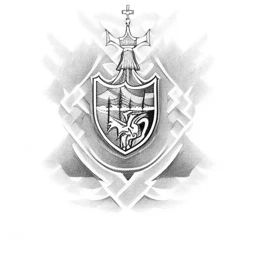 A stylized blackwork tattoo of the Newcastle United logo intertwined with elements of St James Park tattoo design idea