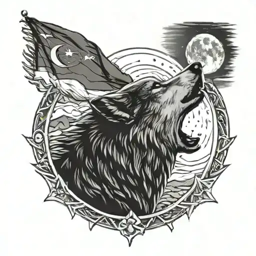Wolf howling at the moon with Turkish flag in the background tattoo design idea