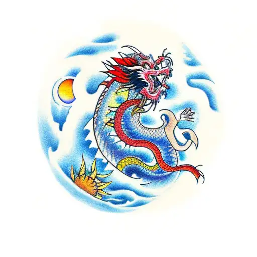 Japanese dragon with New Zealand native flowers and sun and moon and mountain tattoo design idea