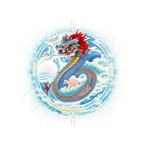 Japanese dragon with New Zealand native flowers and sun and moon and mountain tattoo design idea