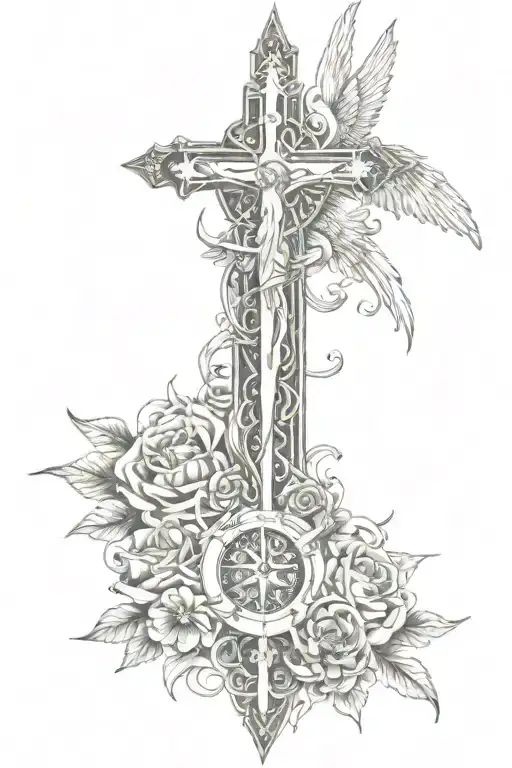 Leg sleeve tattoo of the holy trinity with cross, angels, flowers, sun and moon, swords and armor tattoo design idea