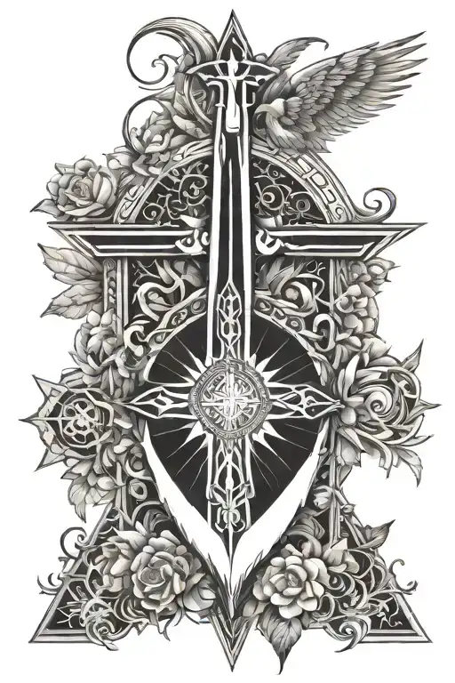 Leg sleeve tattoo of the holy trinity symbol with cross, angels, flowers, sun and moon, swords and armor tattoo design idea