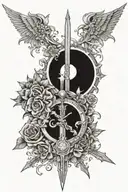 Leg sleeve tattoo of the holy trinity symbol with cross, angels, flowers, sun and moon, swords and armor tattoo design idea