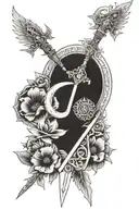 Leg sleeve tattoo of the holy trinity symbol with cross, angels, flowers, sun and moon, swords and armor tattoo design idea
