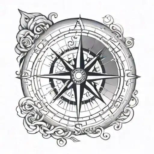 A black and grey tattoo of a compass with the names Luciano and Aurora intertwined in the design tattoo design idea