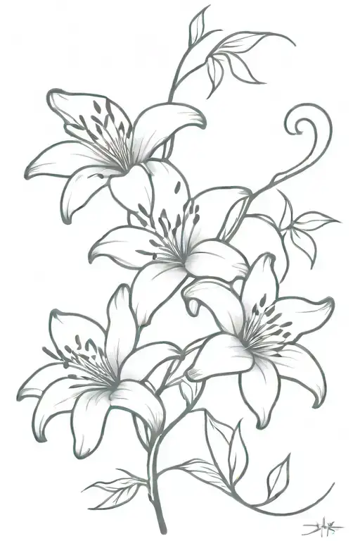 lily flowers with vine and leaves tattoo design idea