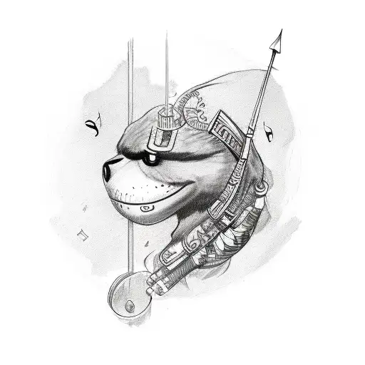 Sketch of a red and black sleeve tattoo with music and sapper elements tattoo design idea