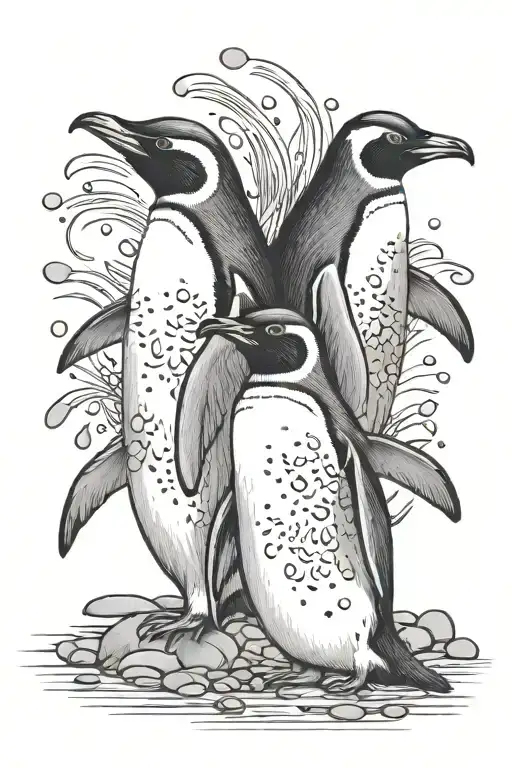 dancing penguins with pebbles tattoo design idea