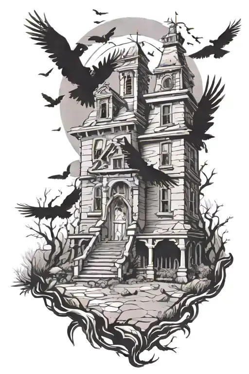 abandoned haunted house with giant flying crows and broken gravestones tattoo design idea