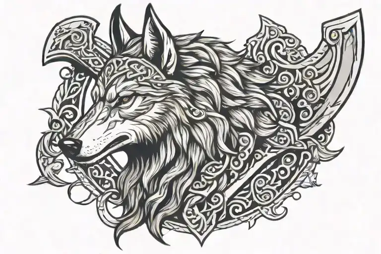 viking axes and wolf head profile holding tattoo design idea