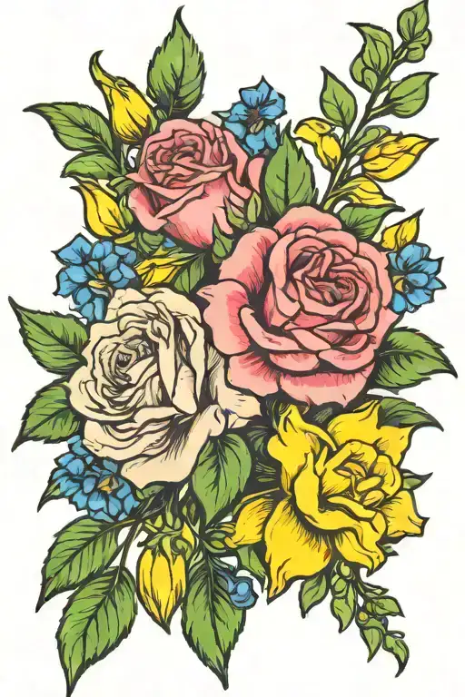 Traditional "Bouquet Larkspur Rose Carnation And..." Tattoo Idea