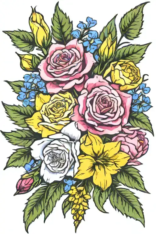 bouquet larkspur rose carnation and daffodil tattoo design idea