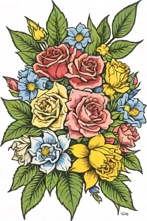 bouquet larkspur rose carnation and daffodil tattoo design idea